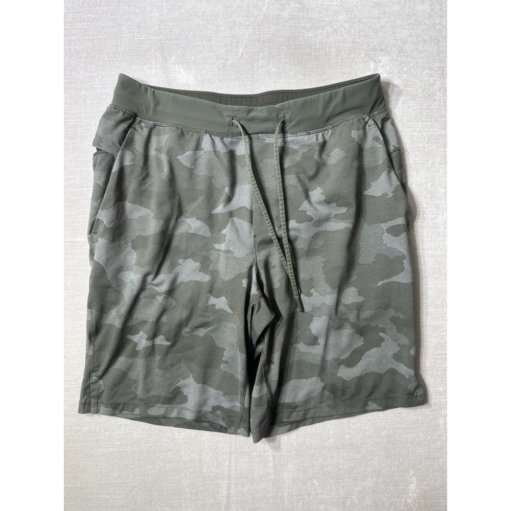 Lululemon T.H.E. Shorts Camo Lined Mens Large 10" Inseam Mesh Max Dark Olive
